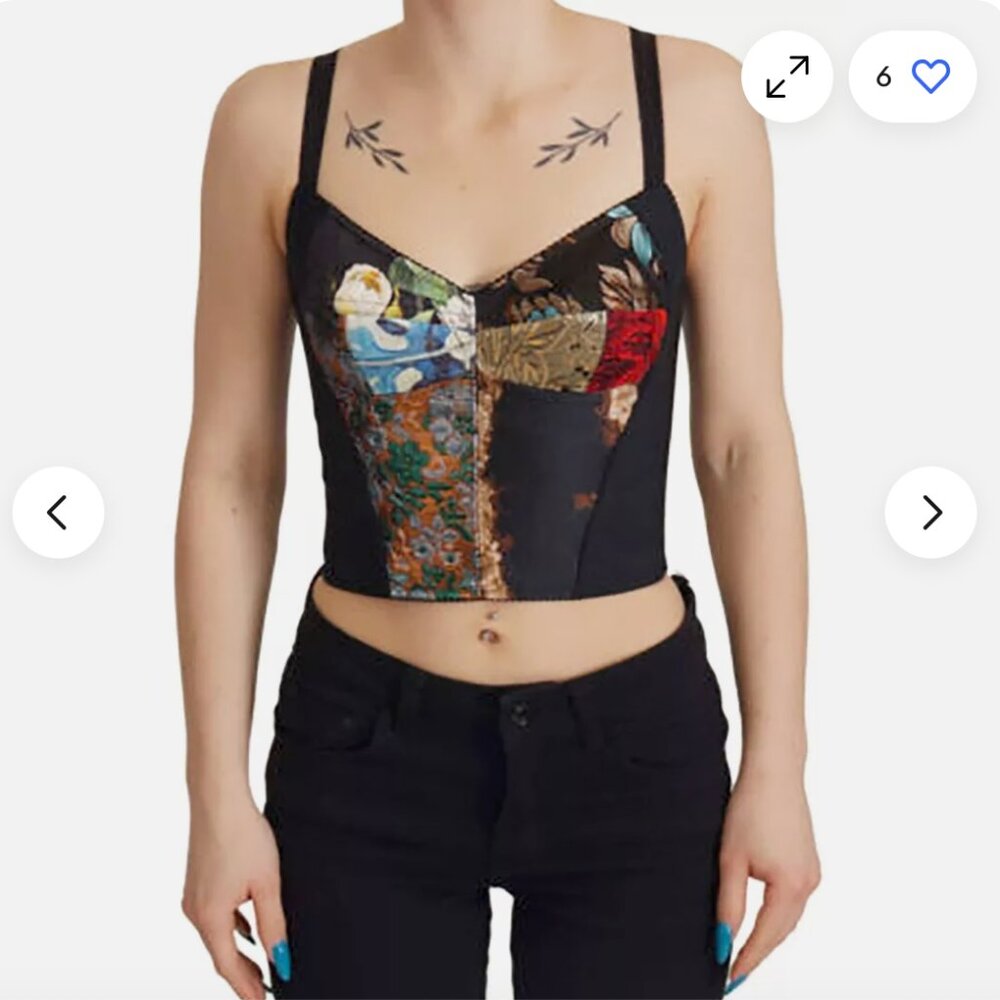DOLCE & GABBANA Black Floral Patchwork Sweetheart Cropped Top Corset